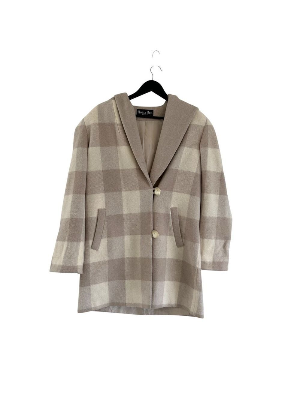 Vintage Holly Deb Plaid Wool Hooded Coat Medium Union Made In USA Cream Beige